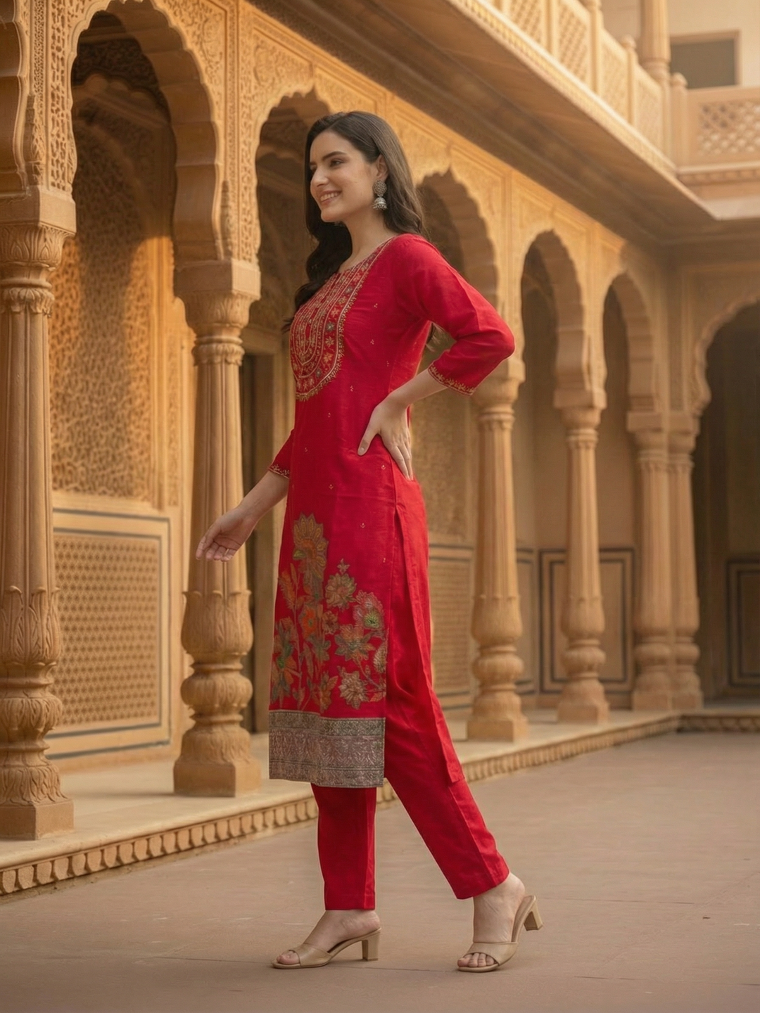 Floral Foil Printed & Embroidered Straight Kurta with Pant & Dupatta - Rani