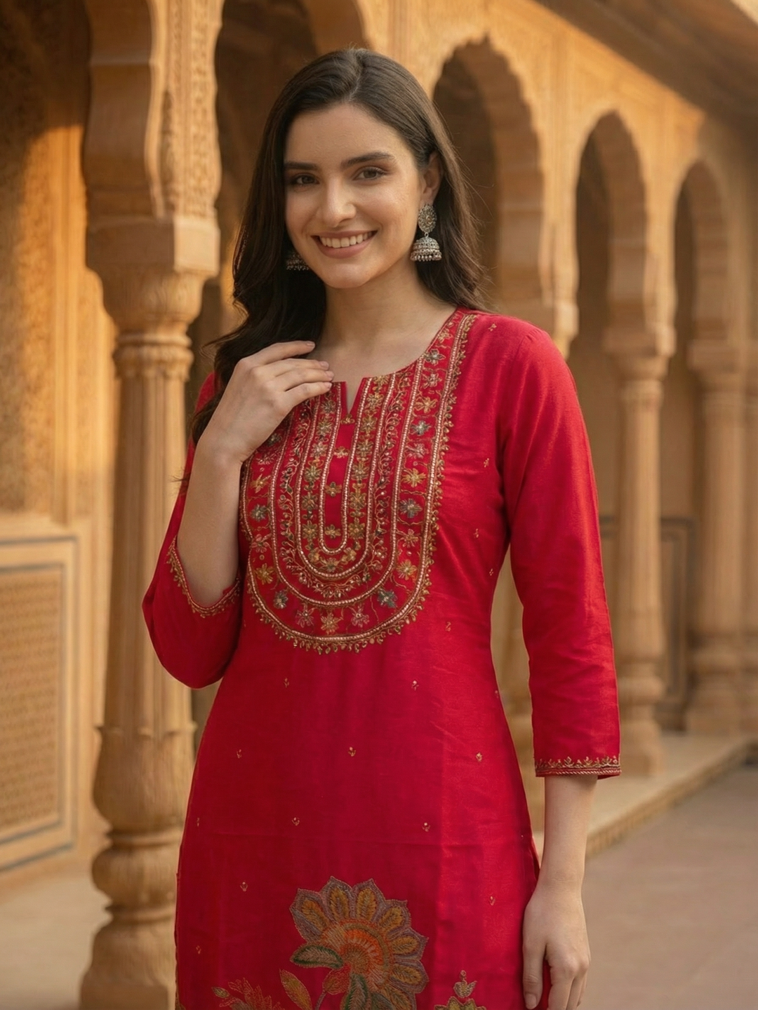 Floral Foil Printed & Embroidered Straight Kurta with Pant & Dupatta - Rani