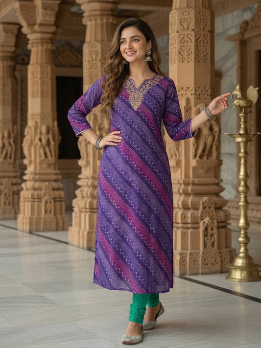 Ethnic Bandhani Printed & Embroidered Straight Fit Kurta - Purple