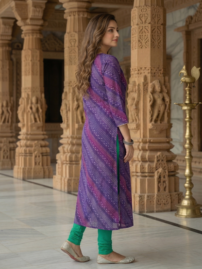 Ethnic Bandhani Printed & Embroidered Straight Fit Kurta - Purple