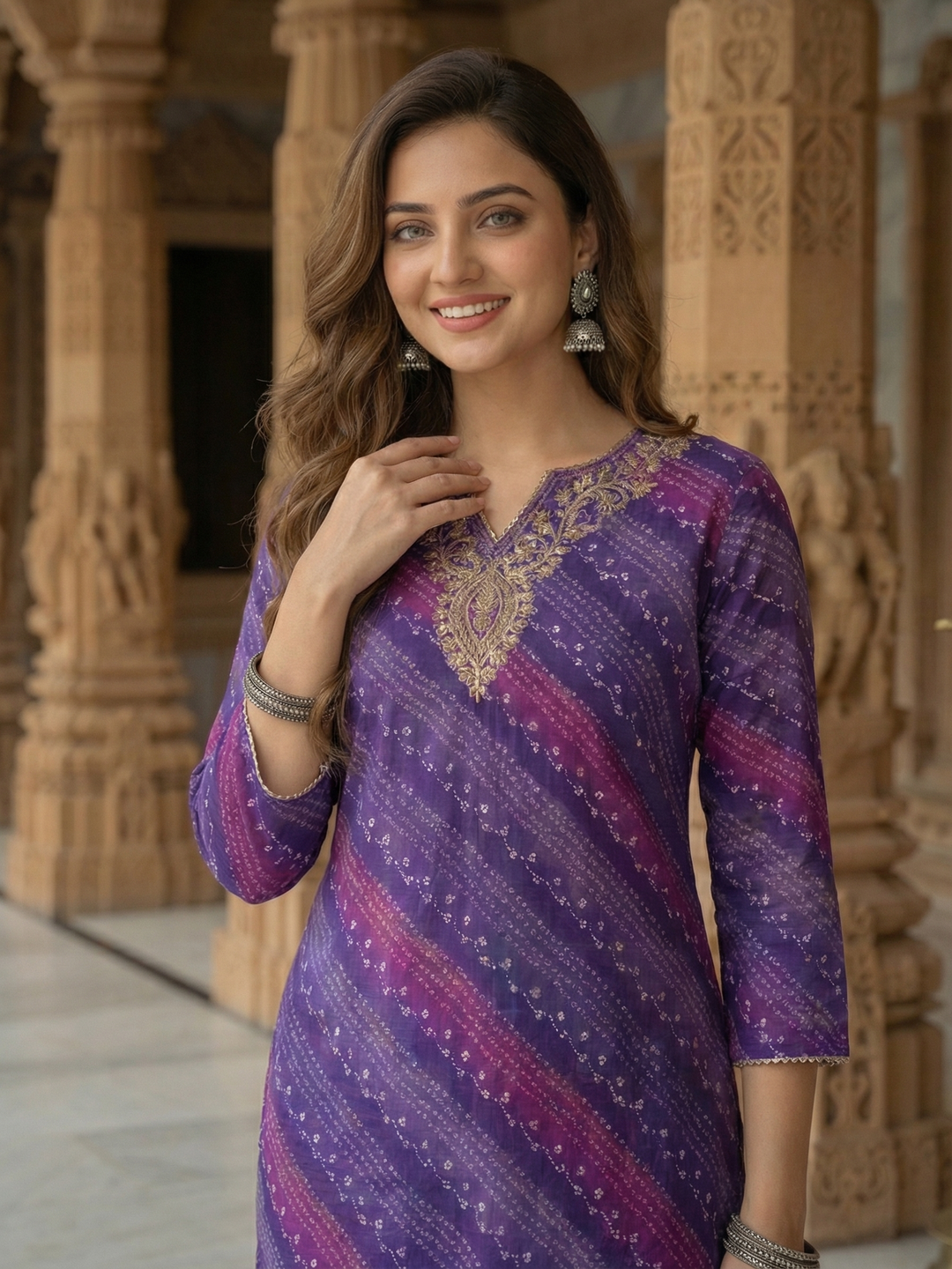 Ethnic Bandhani Printed & Embroidered Straight Fit Kurta - Purple