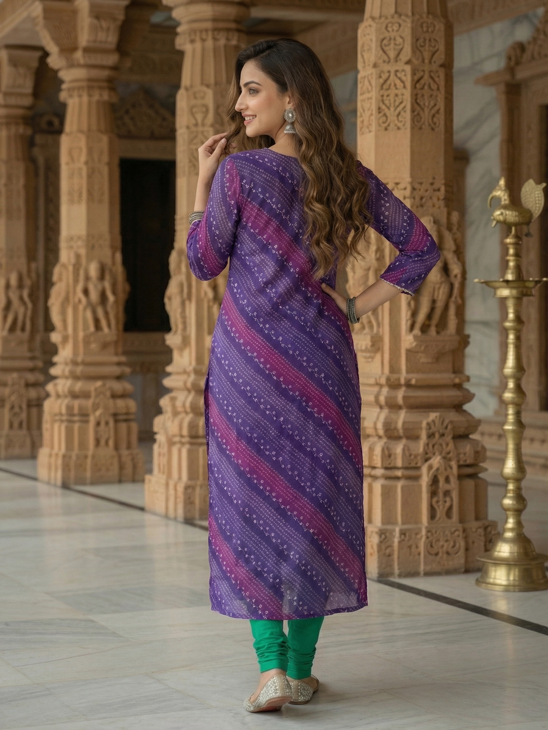 Ethnic Bandhani Printed & Embroidered Straight Fit Kurta - Purple