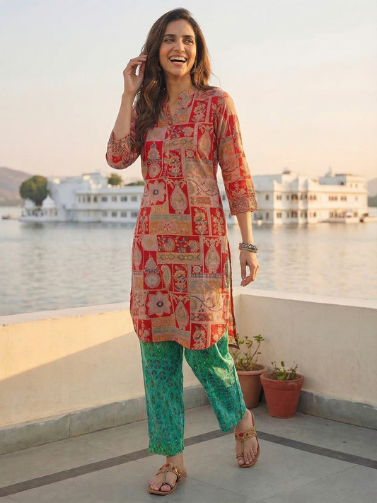 Ethnic Floral Printed & Embroidered Straight Fit Kurta - Red