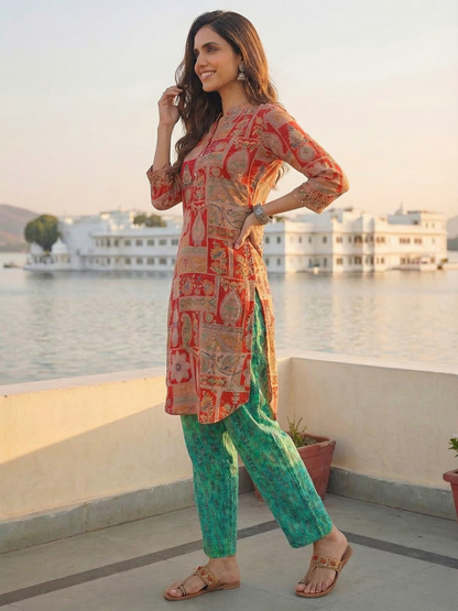Ethnic Floral Printed & Embroidered Straight Fit Kurta - Red