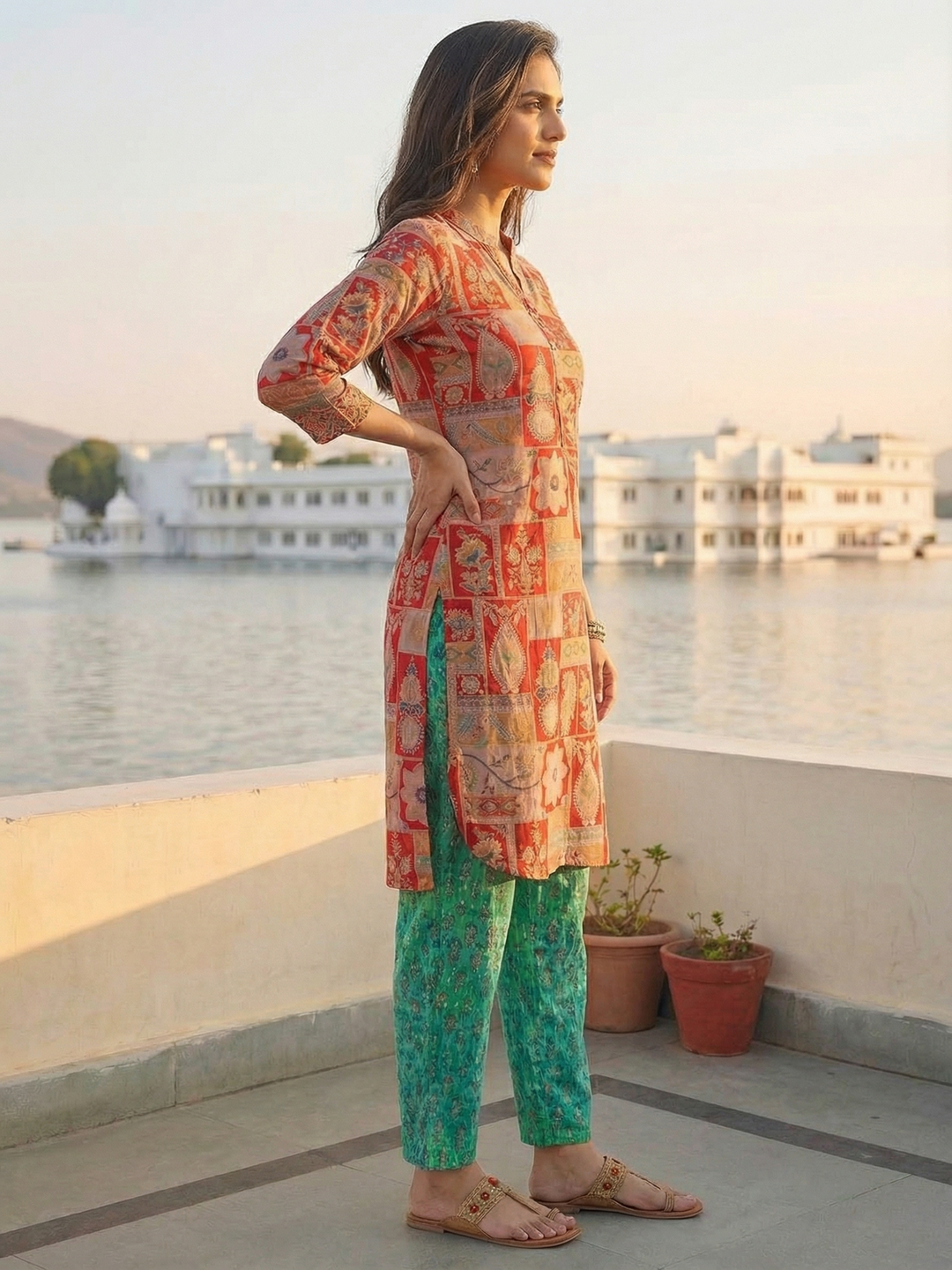 Ethnic Floral Printed & Embroidered Straight Fit Kurta - Red