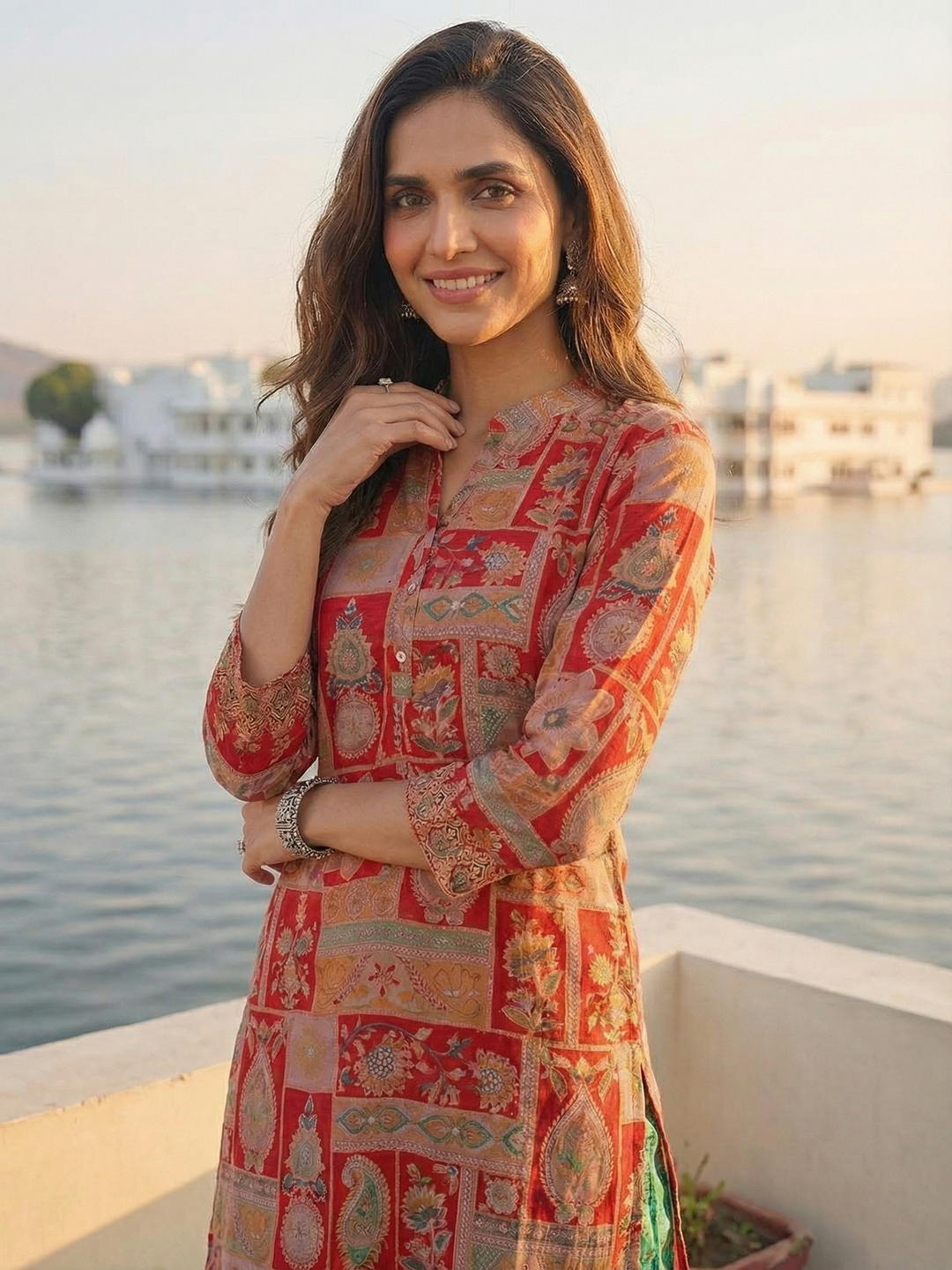 Ethnic Floral Printed & Embroidered Straight Fit Kurta - Red