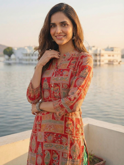 Ethnic Floral Printed & Embroidered Straight Fit Kurta - Red
