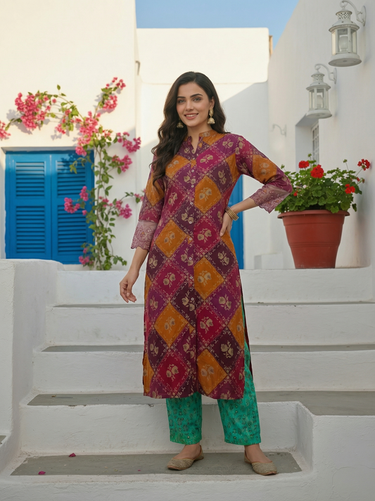 Ethnic Floral Printed & Embroidered Straight Fit Kurta - Purple