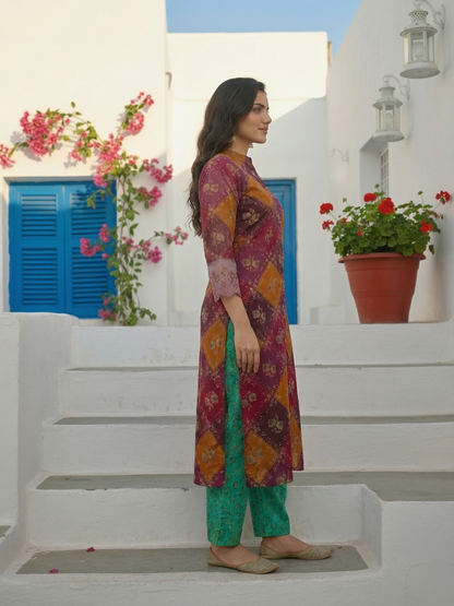 Ethnic Floral Printed & Embroidered Straight Fit Kurta - Purple