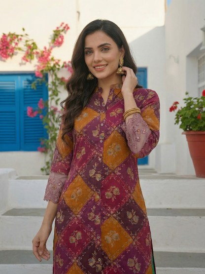Ethnic Floral Printed & Embroidered Straight Fit Kurta - Purple