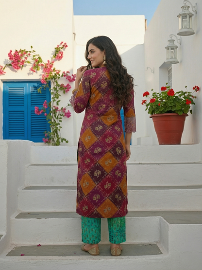 Ethnic Floral Printed & Embroidered Straight Fit Kurta - Purple