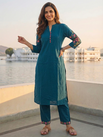 Solid Floral Embroidered Straight Kurta with Pant - Blue
