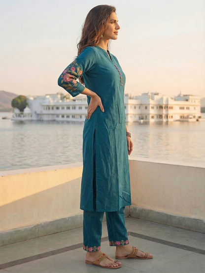 Solid Floral Embroidered Straight Kurta with Pant - Blue