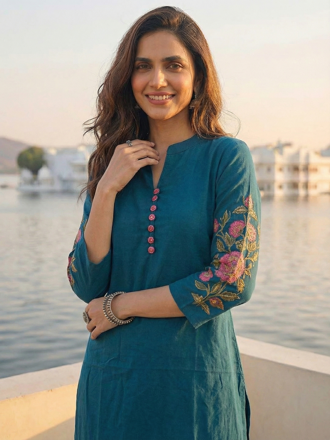Solid Floral Embroidered Straight Kurta with Pant - Blue