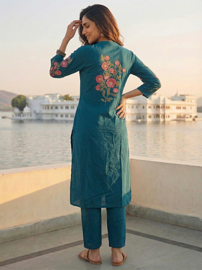 Solid Floral Embroidered Straight Kurta with Pant - Blue
