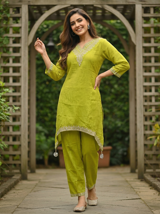 Solid Striped Embroidered A-Line Kurta with Pant - Lime Green