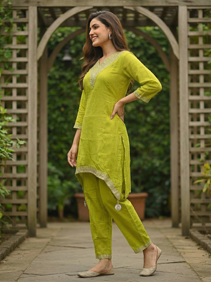 Solid Striped Embroidered A-Line Kurta with Pant - Lime Green