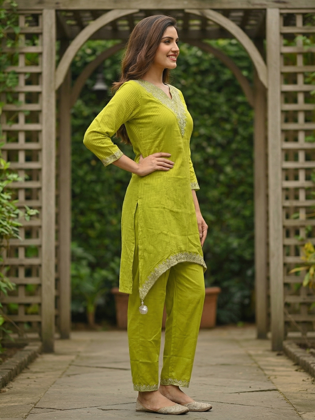Solid Striped Embroidered A-Line Kurta with Pant - Lime Green