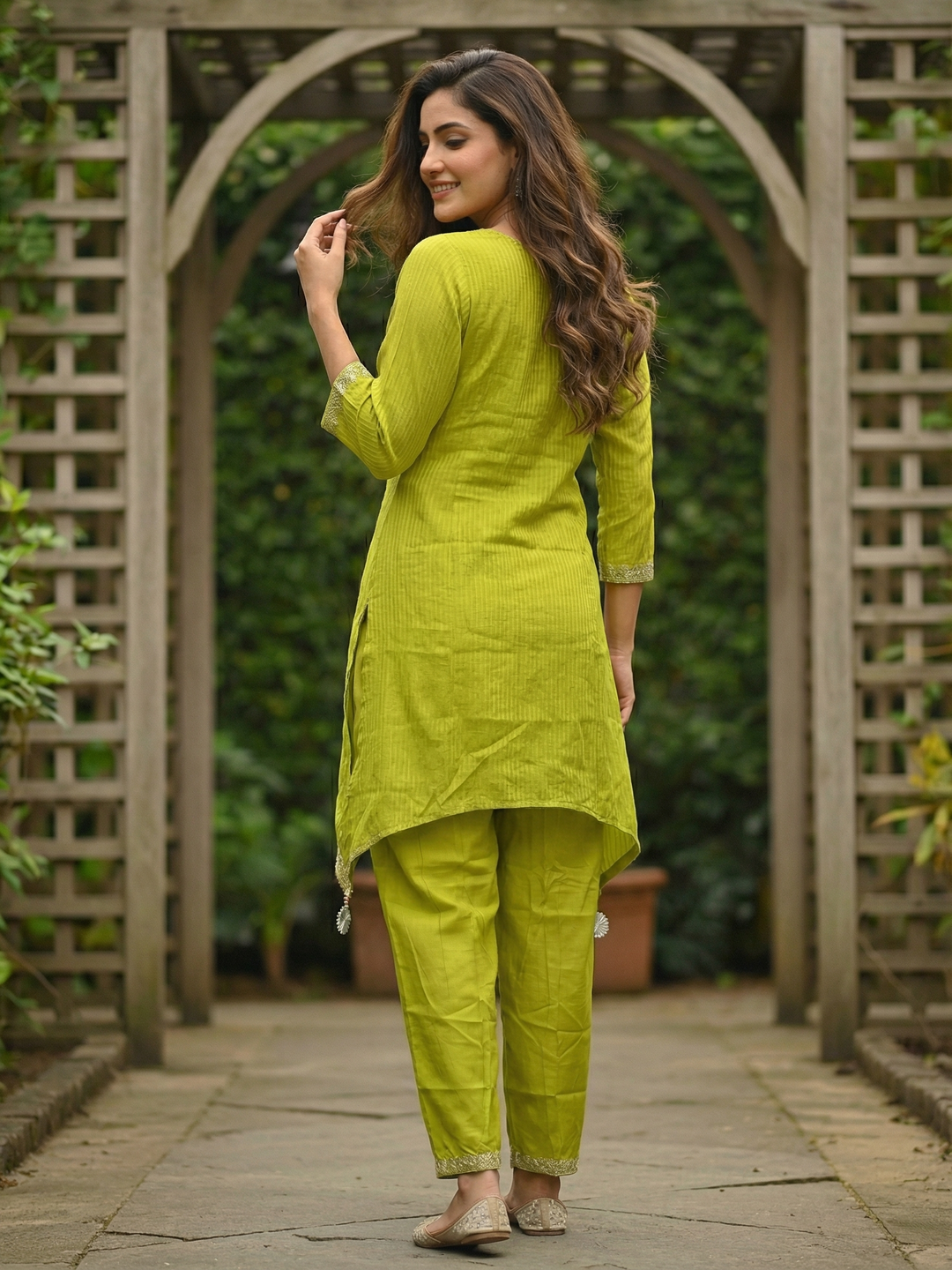 Solid Striped Embroidered A-Line Kurta with Pant - Lime Green