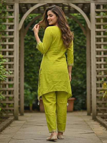 Solid Striped Embroidered A-Line Kurta with Pant - Lime Green