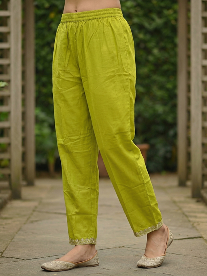 Solid Striped Embroidered A-Line Kurta with Pant - Lime Green