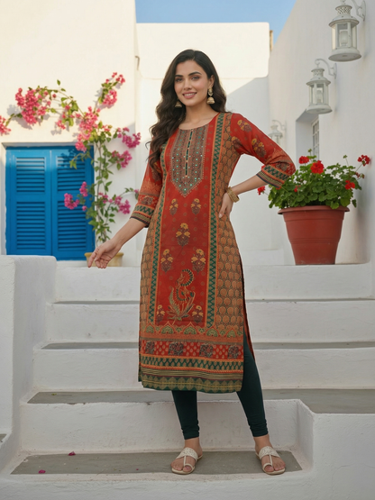 Ethnic Printed & Mirror Embroidered Straight Kurta - Red