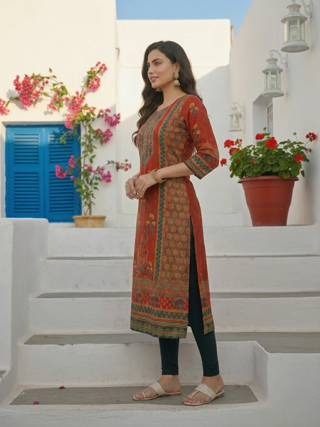 Ethnic Printed & Mirror Embroidered Straight Kurta - Red