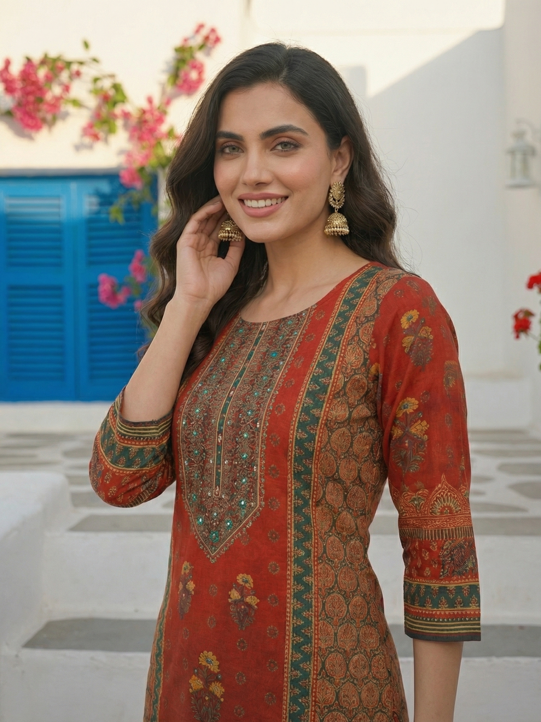 Ethnic Printed & Mirror Embroidered Straight Kurta - Red