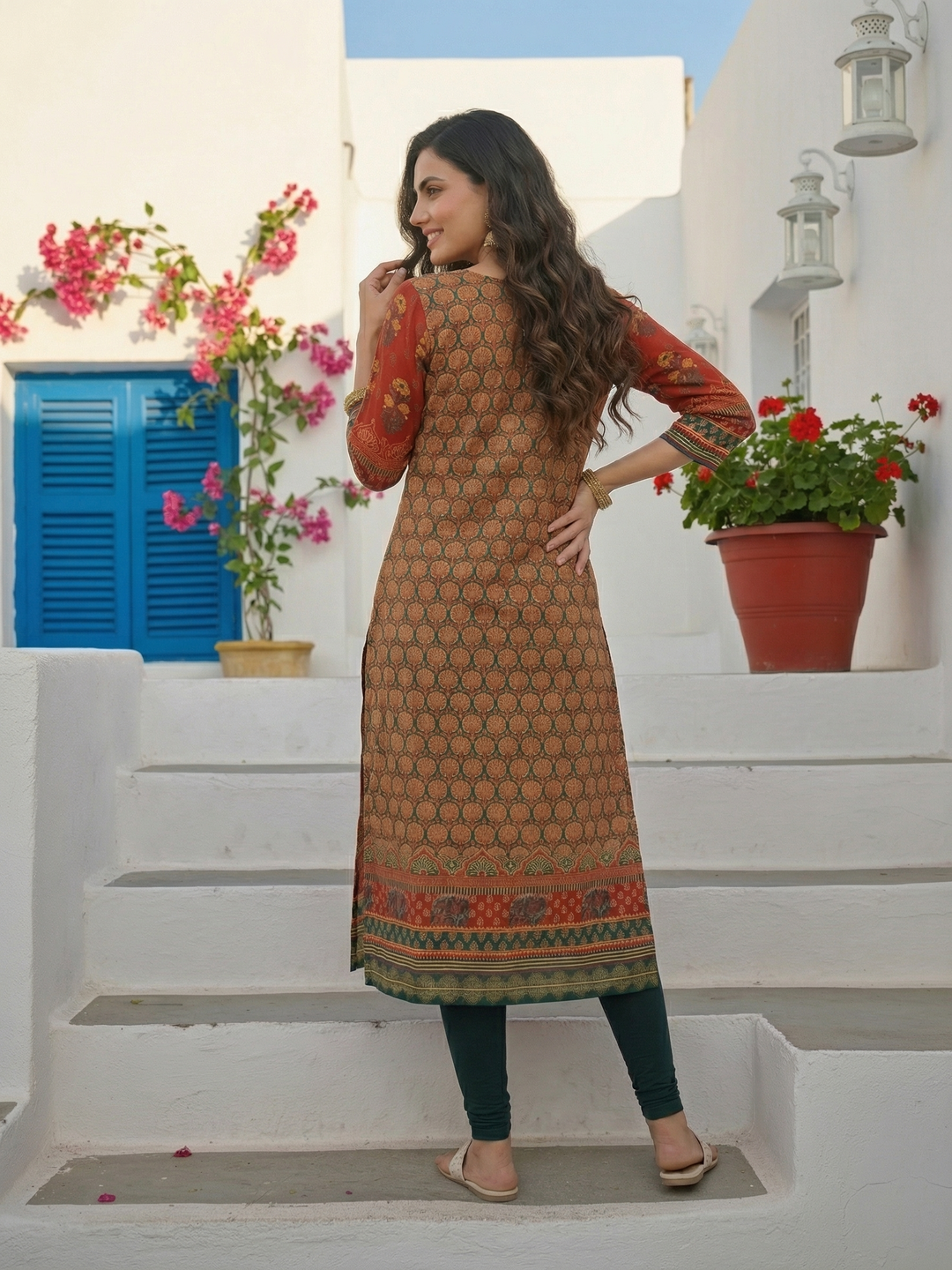 Ethnic Printed & Mirror Embroidered Straight Kurta - Red
