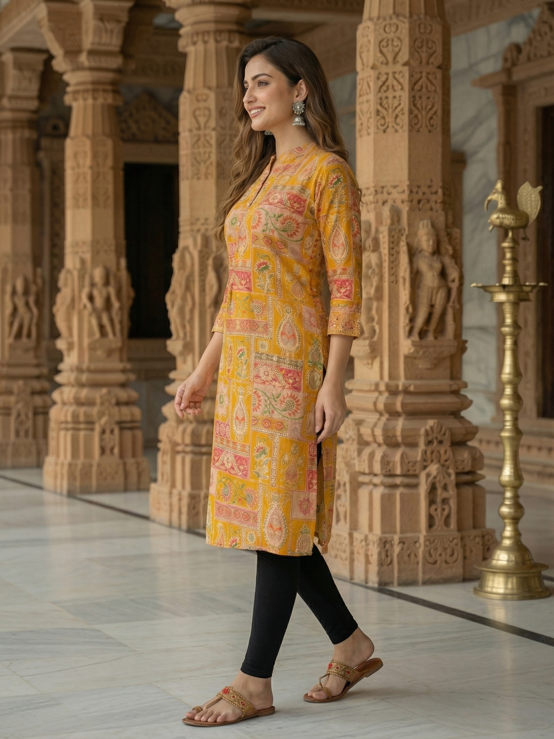 Ethnic Floral Printed & Embroidered Straight Fit Kurta - Yellow