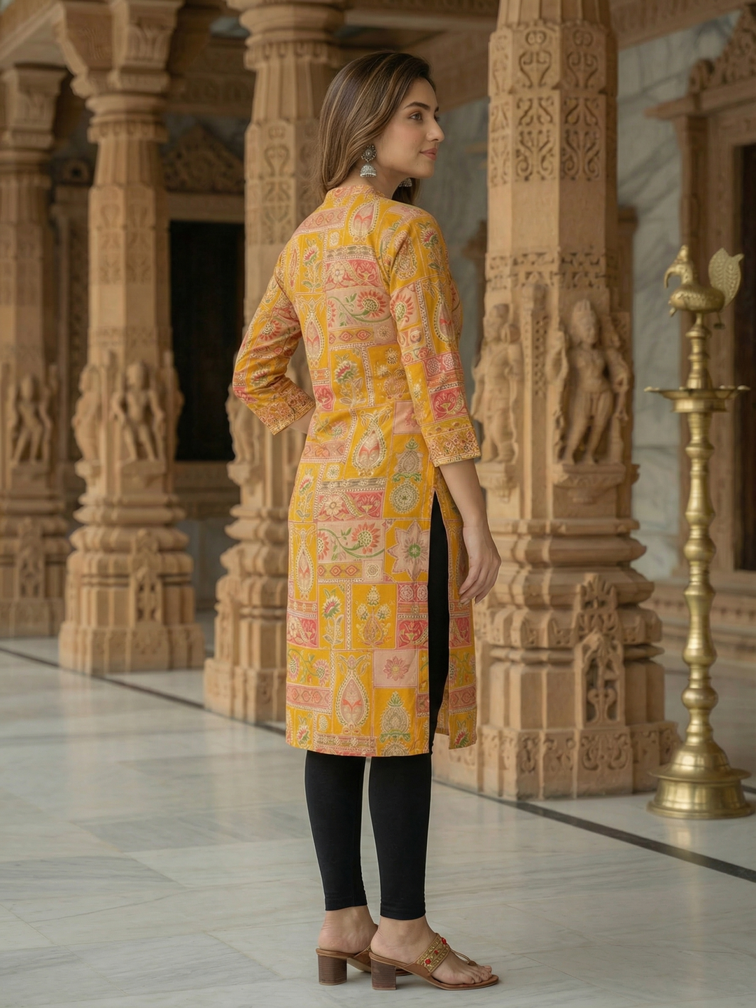 Ethnic Floral Printed & Embroidered Straight Fit Kurta - Yellow