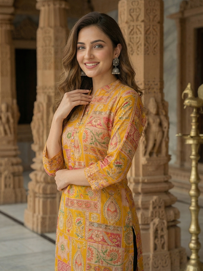 Ethnic Floral Printed & Embroidered Straight Fit Kurta - Yellow