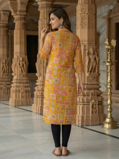 Ethnic Floral Printed & Embroidered Straight Fit Kurta - Yellow