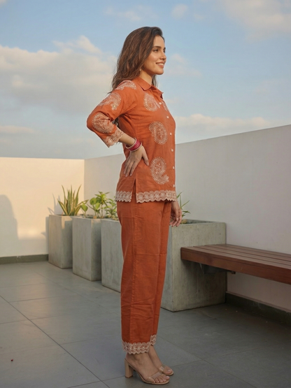 Solid Paisley Embroidered Straight Co-ord Set - Orange