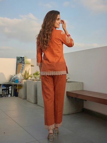 Solid Paisley Embroidered Straight Co-ord Set - Orange