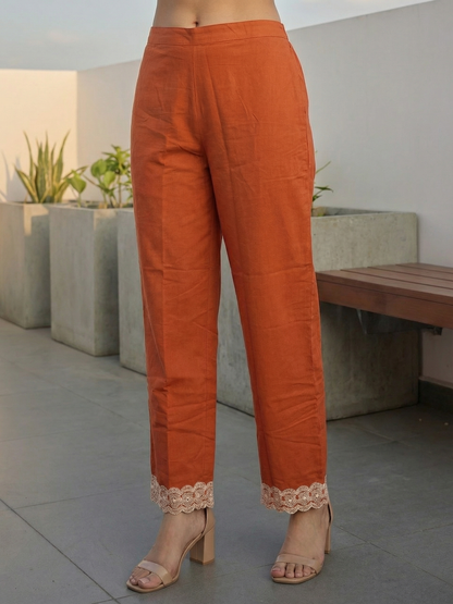 Solid Paisley Embroidered Straight Co-ord Set - Orange