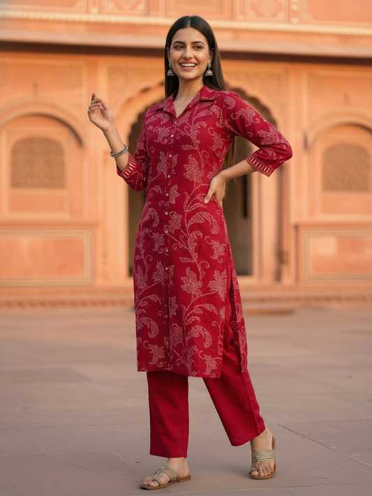 Ethnic Printed Straight Fit Kurta with Pant - Red
