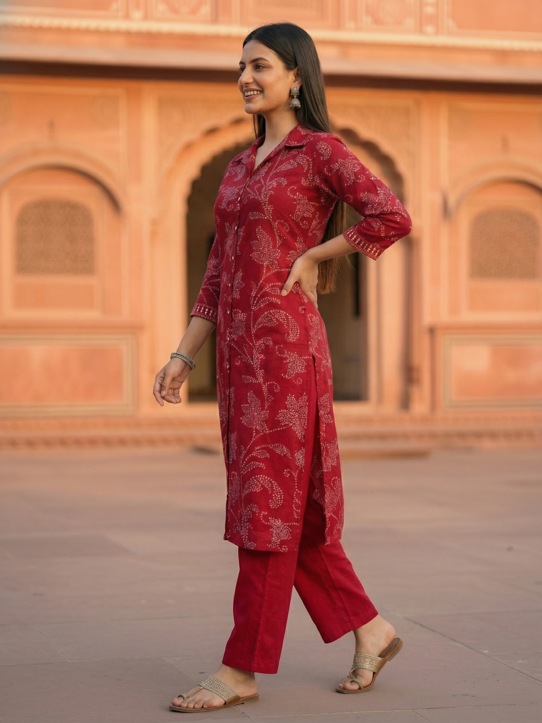 Ethnic Printed Straight Fit Kurta with Pant - Red