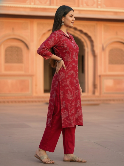 Ethnic Printed Straight Fit Kurta with Pant - Red