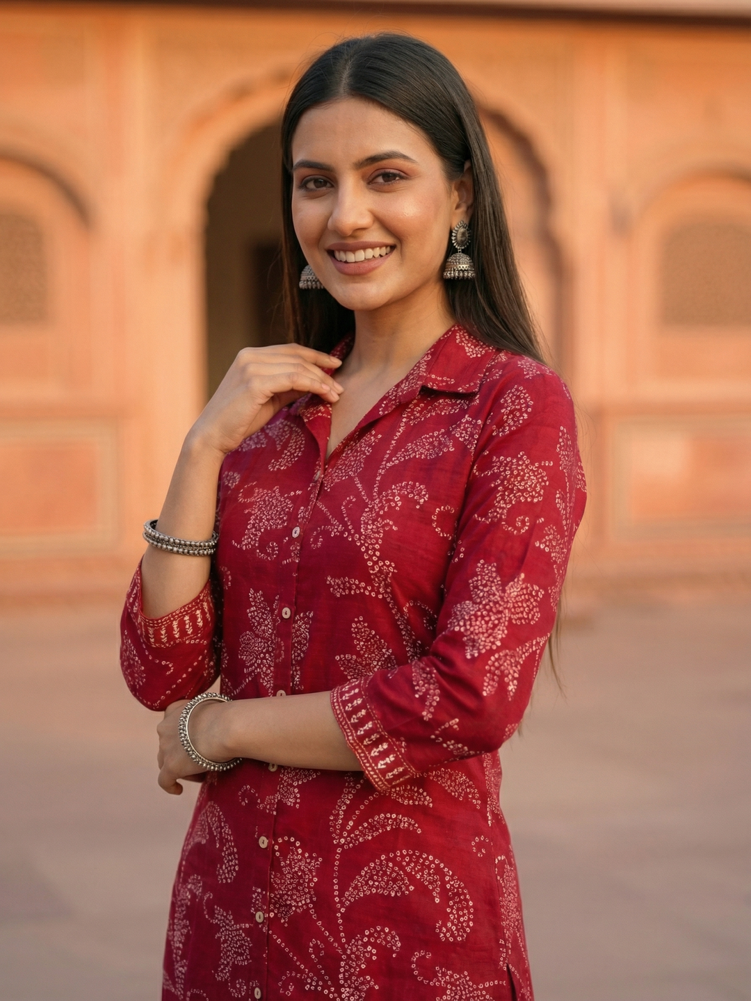 Ethnic Printed Straight Fit Kurta with Pant - Red