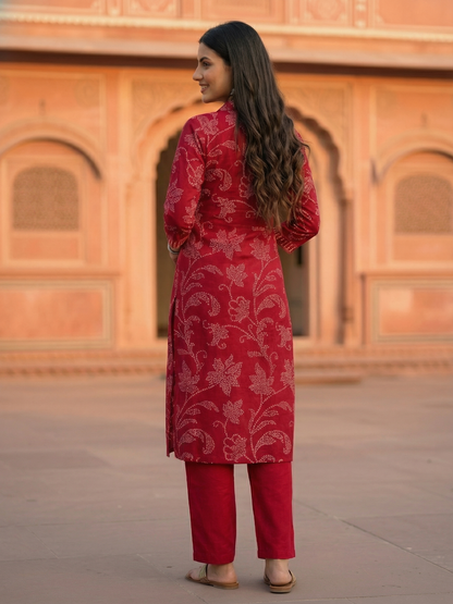 Ethnic Printed Straight Fit Kurta with Pant - Red