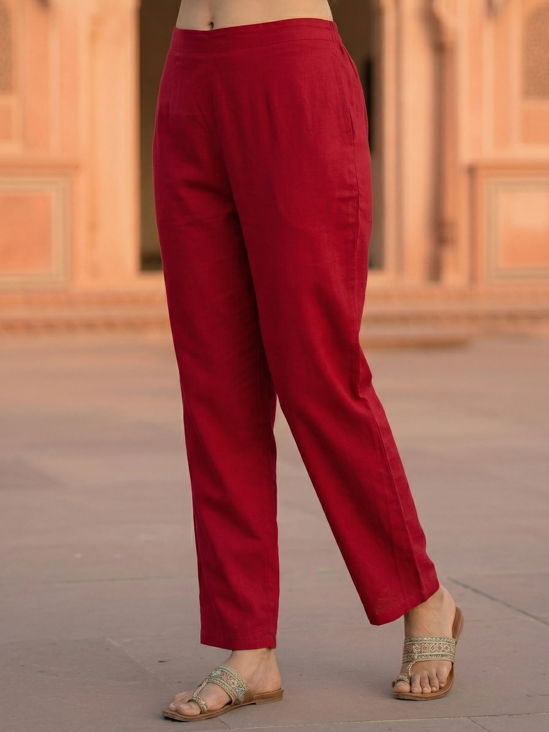 Ethnic Printed Straight Fit Kurta with Pant - Red