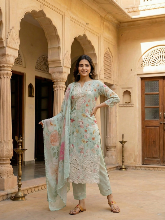 Floral Printed Embroidered Straight Fit Kurta with Pant and Dupatta - Powder Green
