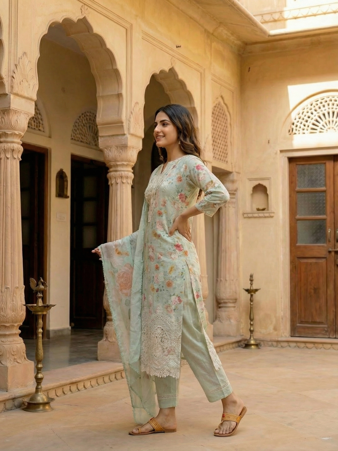 Floral Printed Embroidered Straight Fit Kurta with Pant and Dupatta - Powder Green
