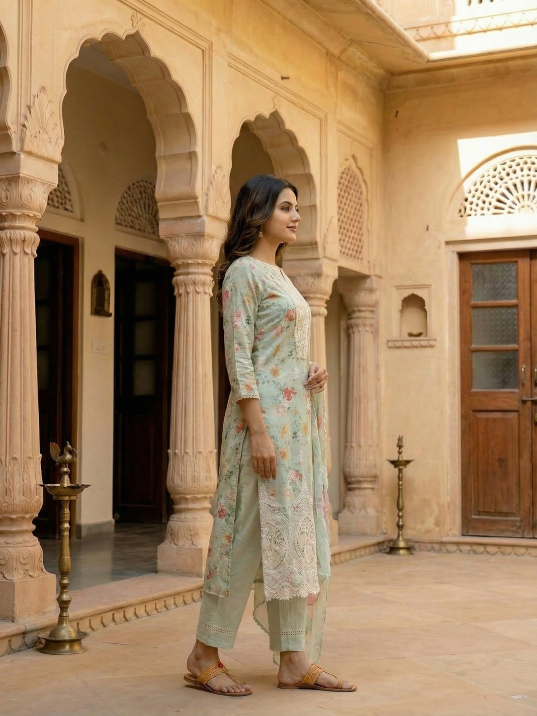 Floral Printed Embroidered Straight Fit Kurta with Pant and Dupatta - Powder Green