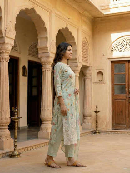 Floral Printed Embroidered Straight Fit Kurta with Pant and Dupatta - Powder Green