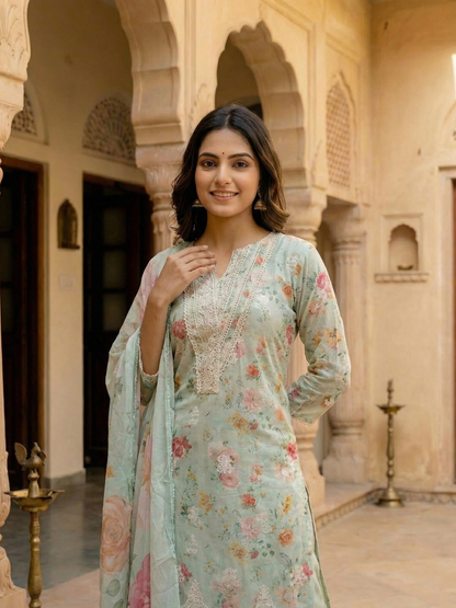 Floral Printed Embroidered Straight Fit Kurta with Pant and Dupatta - Powder Green