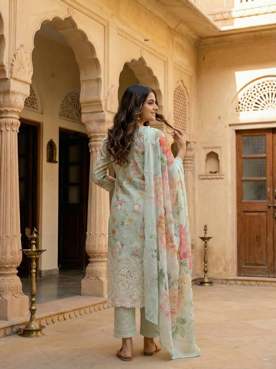 Floral Printed Embroidered Straight Fit Kurta with Pant and Dupatta - Powder Green