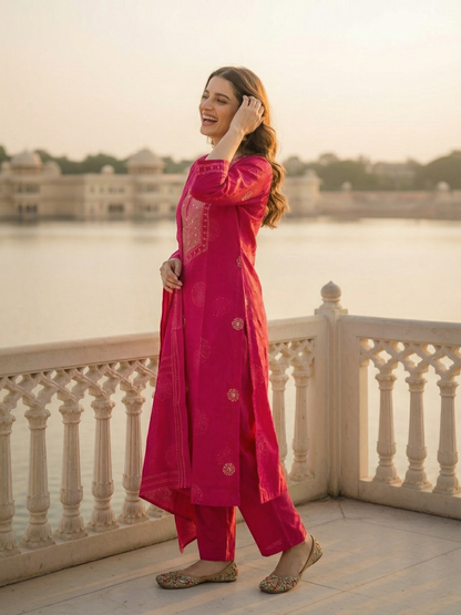 Embroidered Kurta Set with Dupatta - Rani Pink