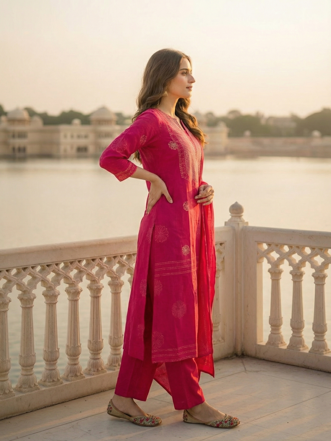 Embroidered Kurta Set with Dupatta - Rani Pink
